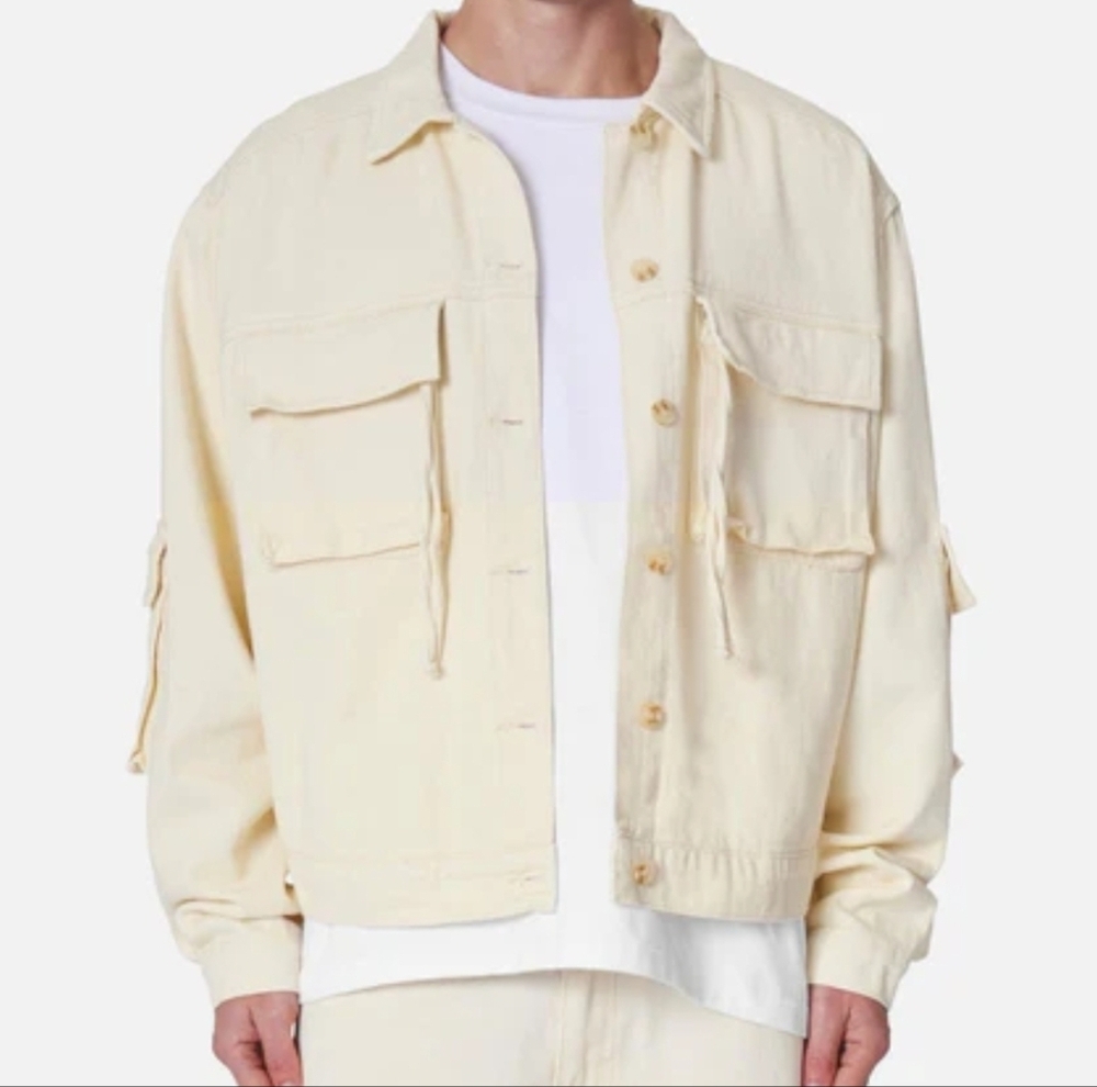 MNML Brushed Twill Cargo Jacket Cream Khaki Pockets Size M Cotton Oversized